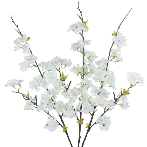 CITYES 3 Pcs Artificial Cherry Blossom Branches Flowers White Silk