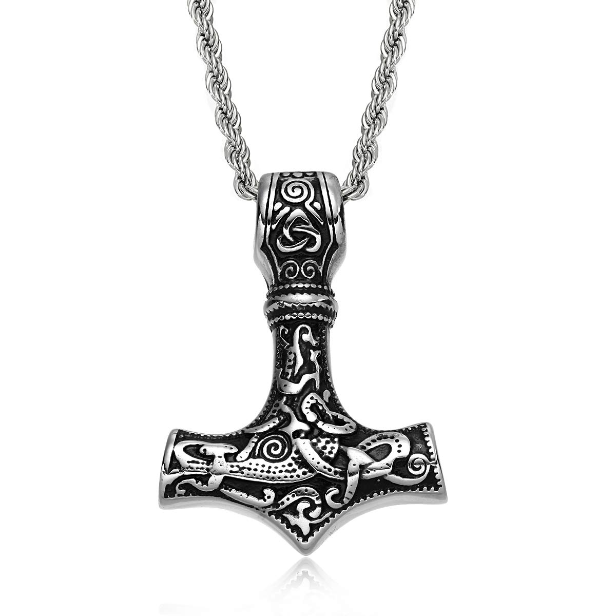 BIYONGDE Vintage Viking Mjolnir Norse God Mythology Legendary Thors Hammer Celtic Knot Pendant, 24 in Chain Necklace