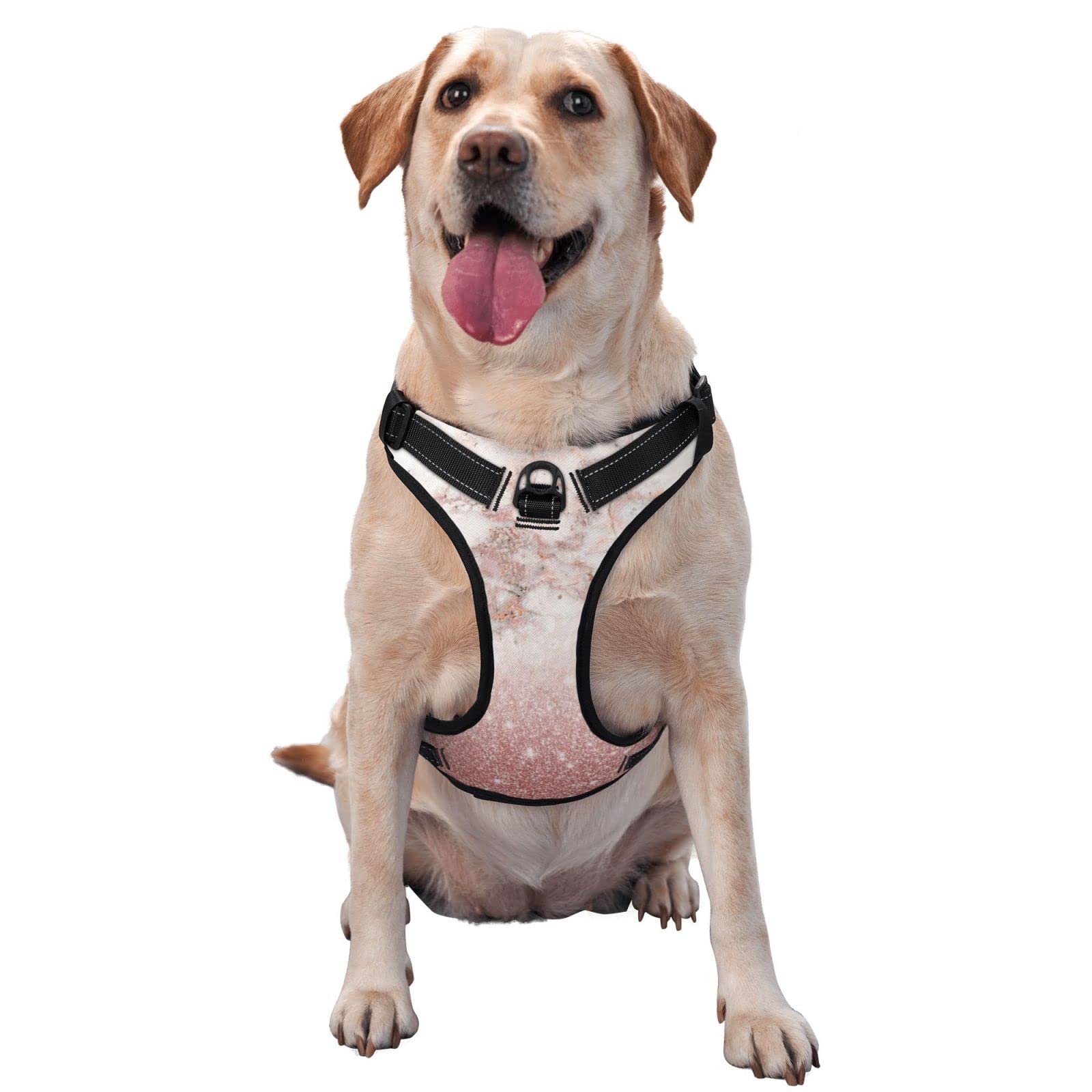 Soft Breathable Elegant Faux Pink Rose Gold Glitter White Marble Ombre Dog Harness Choke-Free Double Padded Vest with Adjustable Neck and Chest