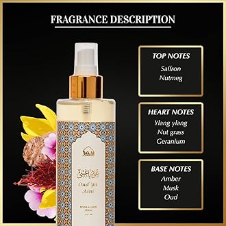 Dukhni Oud Ya Aini Attar Al Faraash | 250ml Non Alcoholic Spray | Arabic Natural Mist | Air Freshener, Room Mist, Fabric & Linen Spray | Perfect for Prayer mats, beds, sofas, curtains | Halal