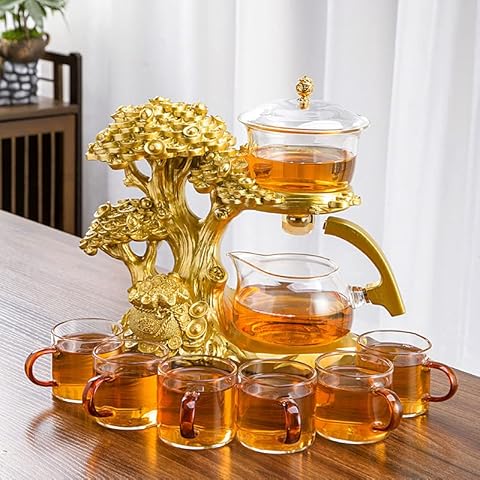 RORA Lazy Kungfu Glass Tea Set Semi Automatic Drip Rotating with Infuser Glass Teapot Set (Money Tree Tea Set+6 cups) Cover