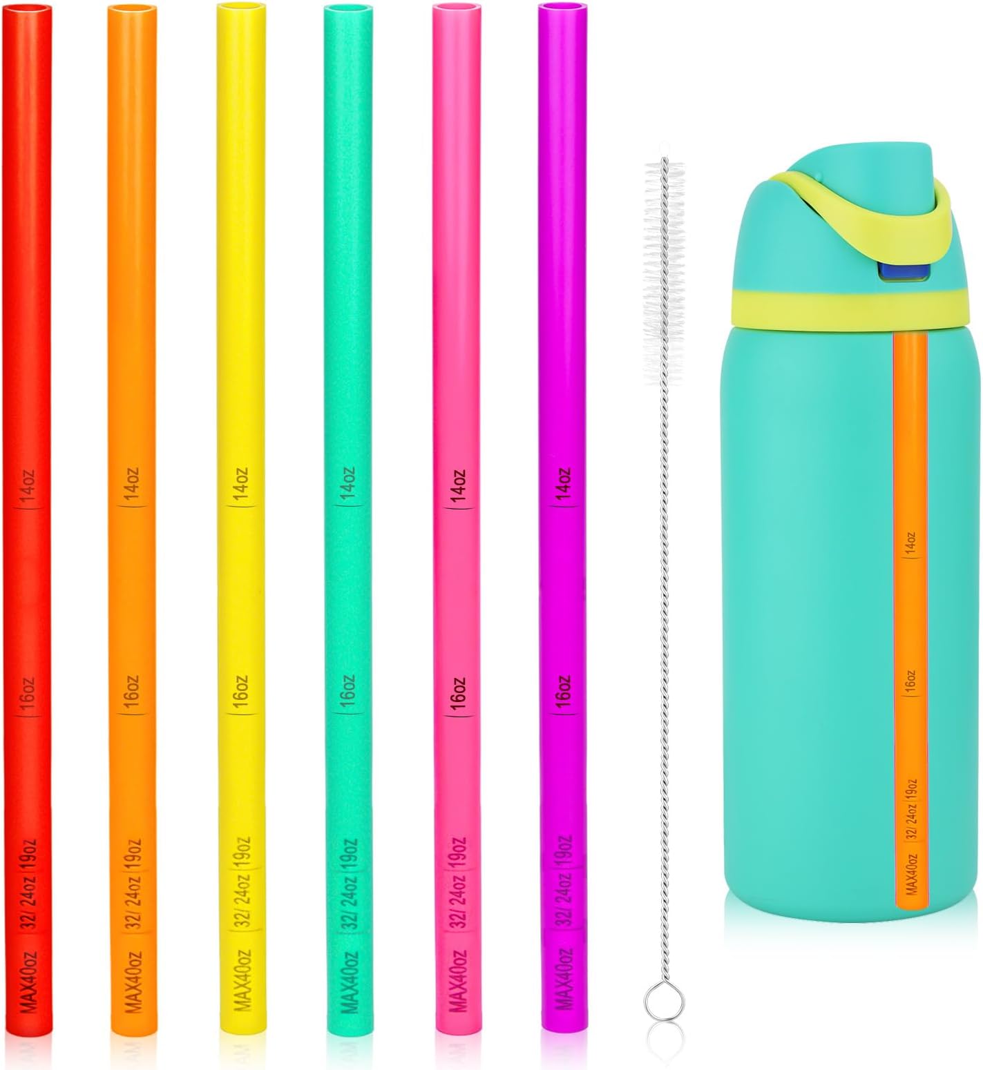 6pcs Straw Replacements for Owala Water Bottle 24 oz 32 oz, Cup Soft Plastic Straws with Brush Reusable Stainless Steel Tumbler Parts Accessories Straw with Scale for Owala FreeSip 14/16/19/24/32/40oz