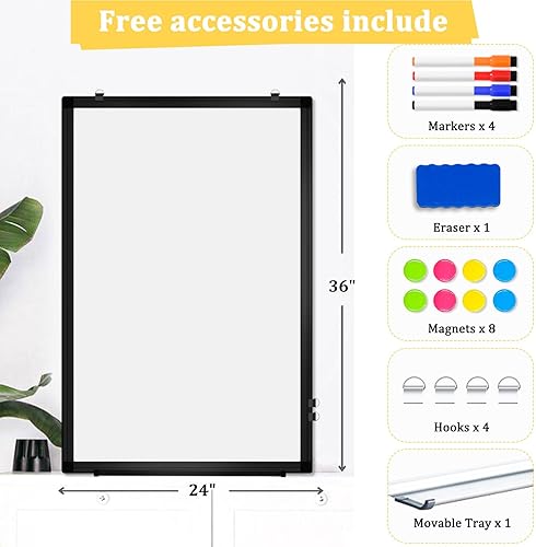 Miniatura 6 de Pizarra blanca magnética de doble cara, pizarra de borrado en seco de 36 x 24 pulgadas, marco de aluminio negro para pared, pizarra blanca de