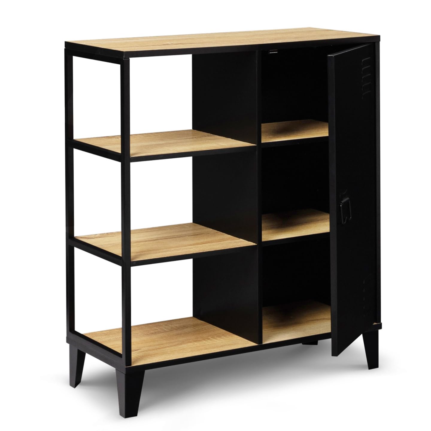 IDMarket - Aparador con 3 estantes y armario de metal negro y tapa de madera de 70 cm, diseño industrial