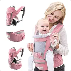 AIEBAO Bolsa Canguru, Ergonômica, 12 Posições, 3 Em 1, 3 Bolsos Externos, Bebês 0 a 36 Meses, Capacidade 0 a 36 quilos, Poliéster Algodão e Isopor. (Rosa)