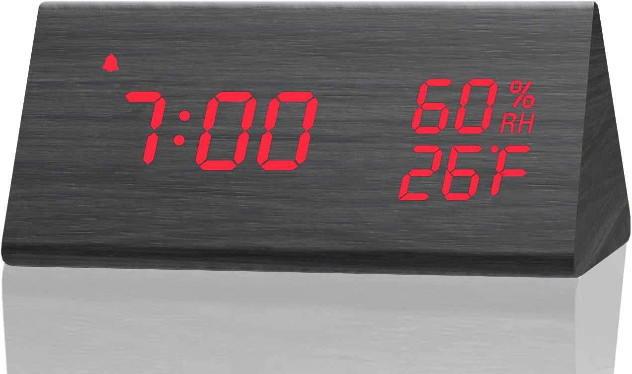 JALLDigital Alarm Clock, with Wooden Electronic LED Time Display, 3 Alarm Settings, Humidity & Temperature Detect, Wood Made Electric Clocks for Bedroom, Bedside, Red Digit Display