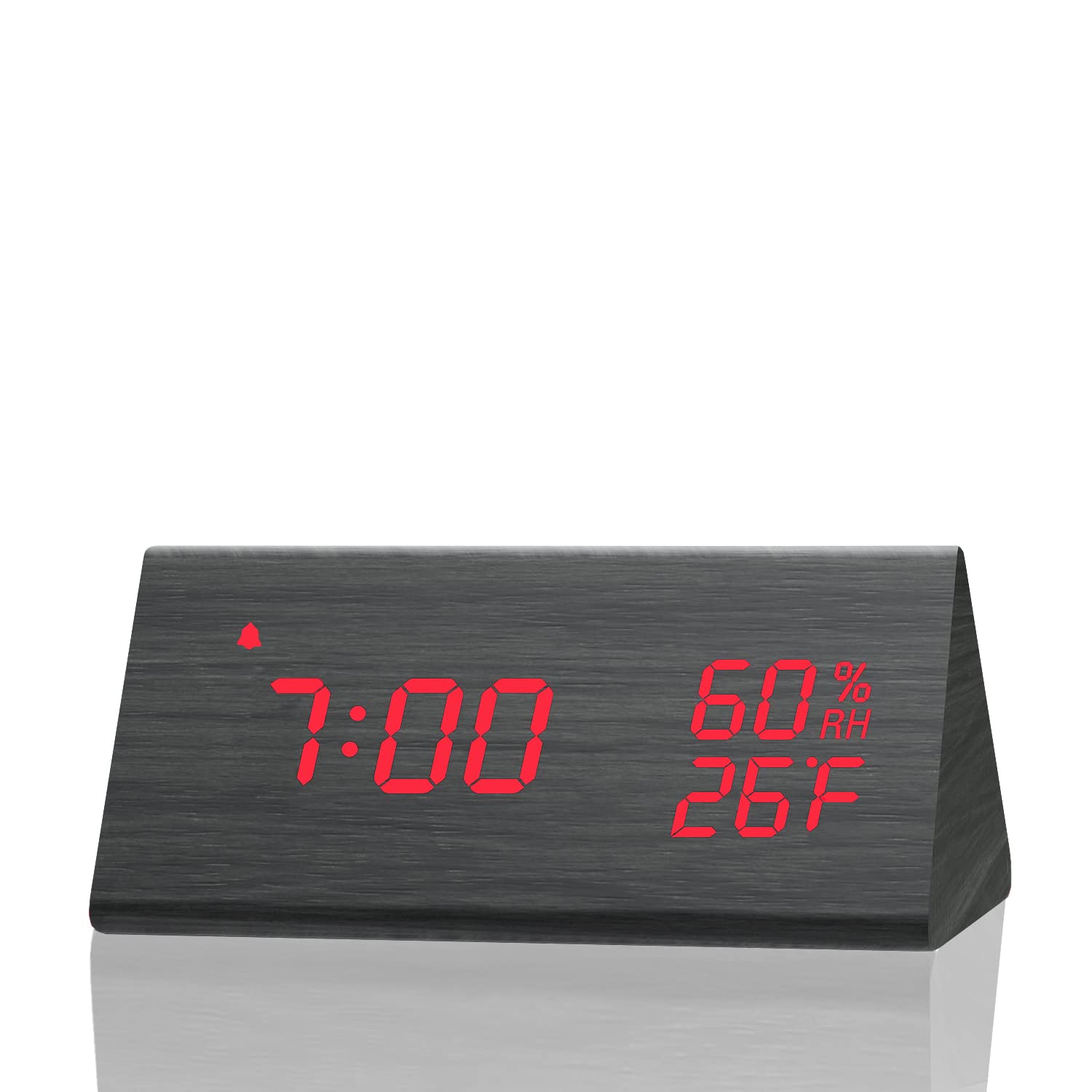 JALLDigital Alarm Clock, with Wooden Electronic LED Time Display, 3 Alarm Settings, Humidity & Temperature Detect, Wood Made Electric Clocks for Bedroom, Bedside, Red Digit Display