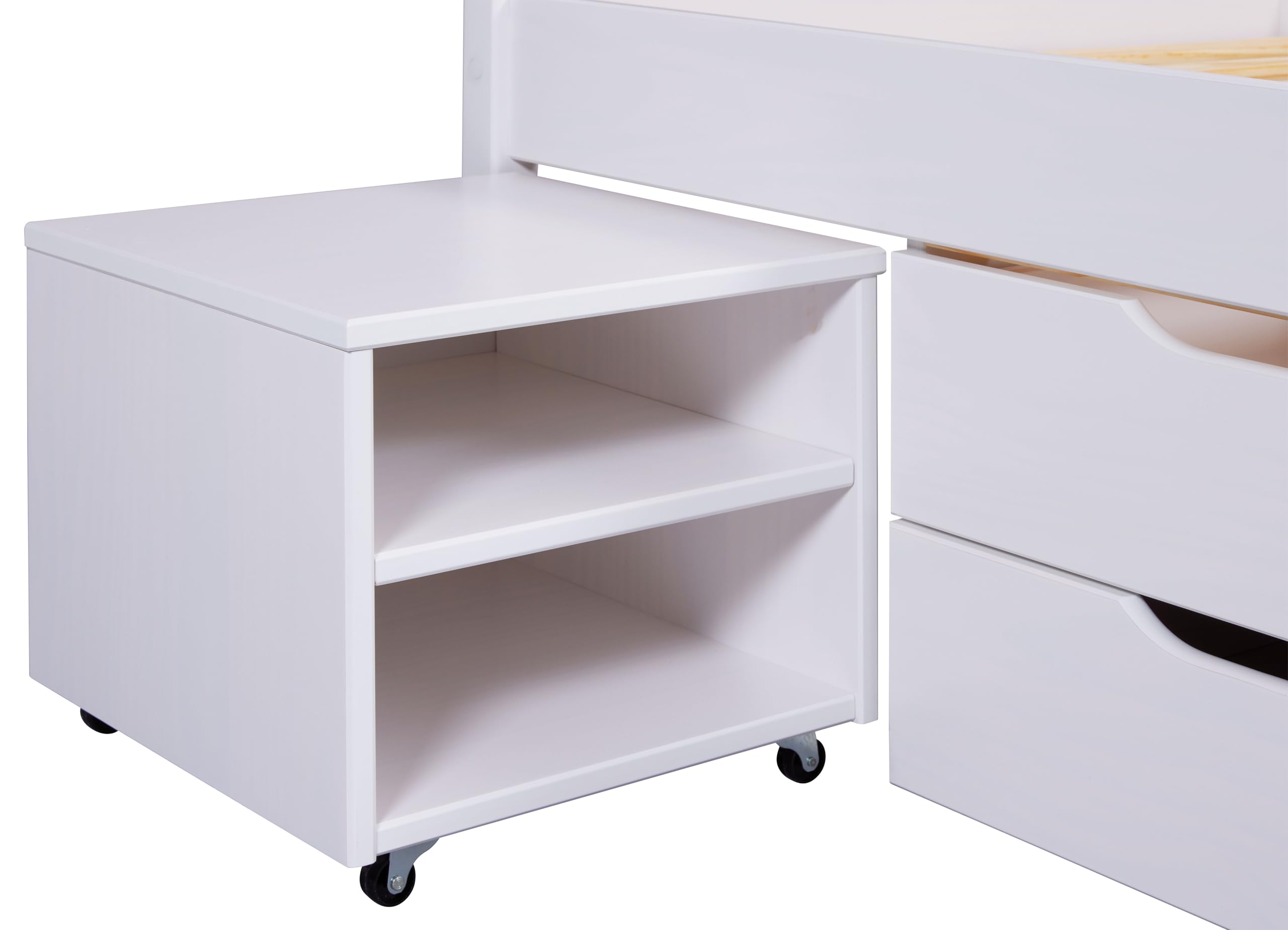 Inter Link, Letto singolo 90 x 200 cm, Letto a scomparsa con contenitore, Pino massiccio, 2 cassetti grandi e 1 cassetto, Base a doghe inclusa, Laccato bianco, Efetivo 140 x 200 cm