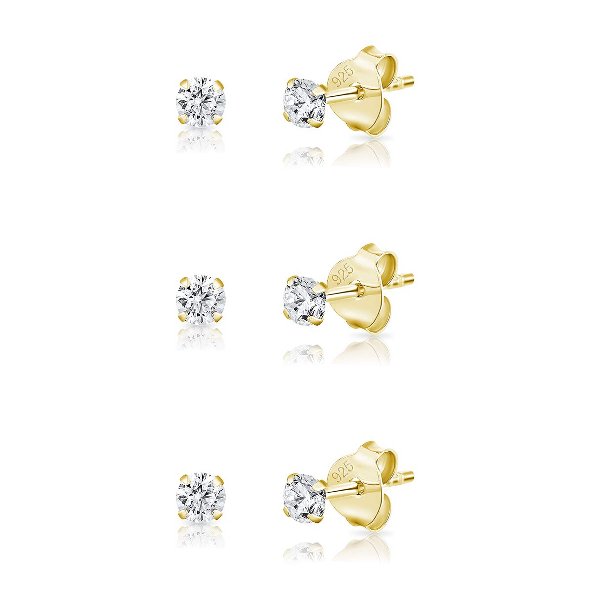 Set of 3 PAIRS of Sterling Silver Studs with Cubic Zirconia Crystal CZ - 24K Gold Plated Earrings - 18K Rose Gold Earrings - Tiny Clear Stud Earring - Diamond Earring for Men and Women 2, 3, 4, 5 mm