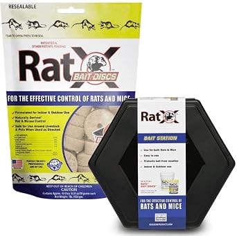 RatX Bait Discs and Bait Box Combo - Effective for All Species of Rats and Mice, 1 lbs Bag 45 Discs and Box Holds 6 Discs 620118-Combo