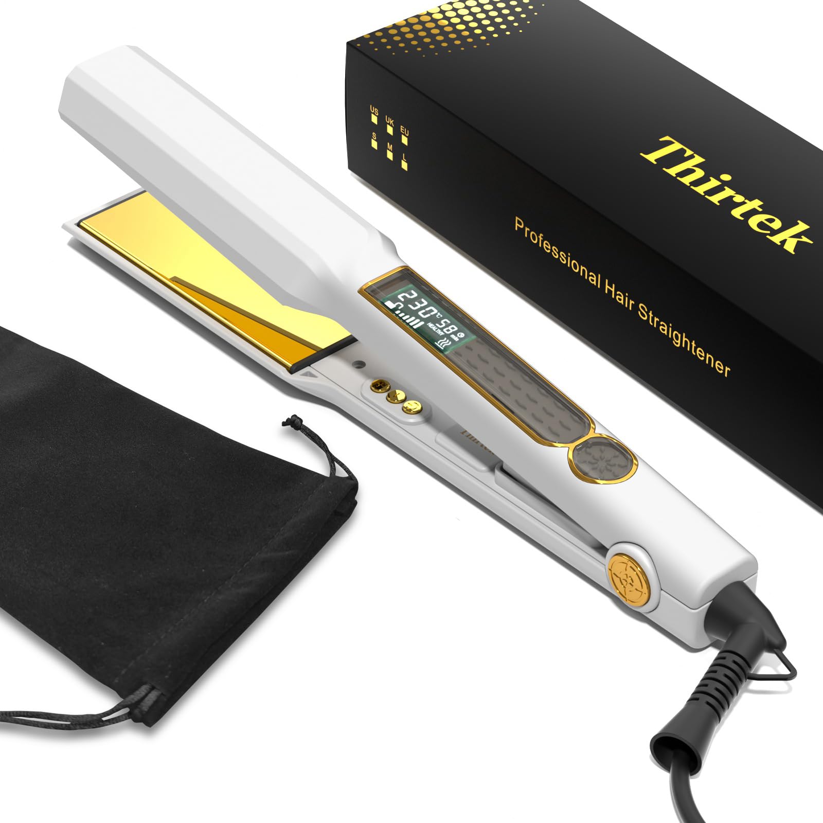 Thirtek Wide Hair Straightener for Women, 3D Ionic Ceramic Plates for Smooth Shiny Finish, 25s Fast Heat Up 80℃ to 230℃ with LCD Display (38mm-White)