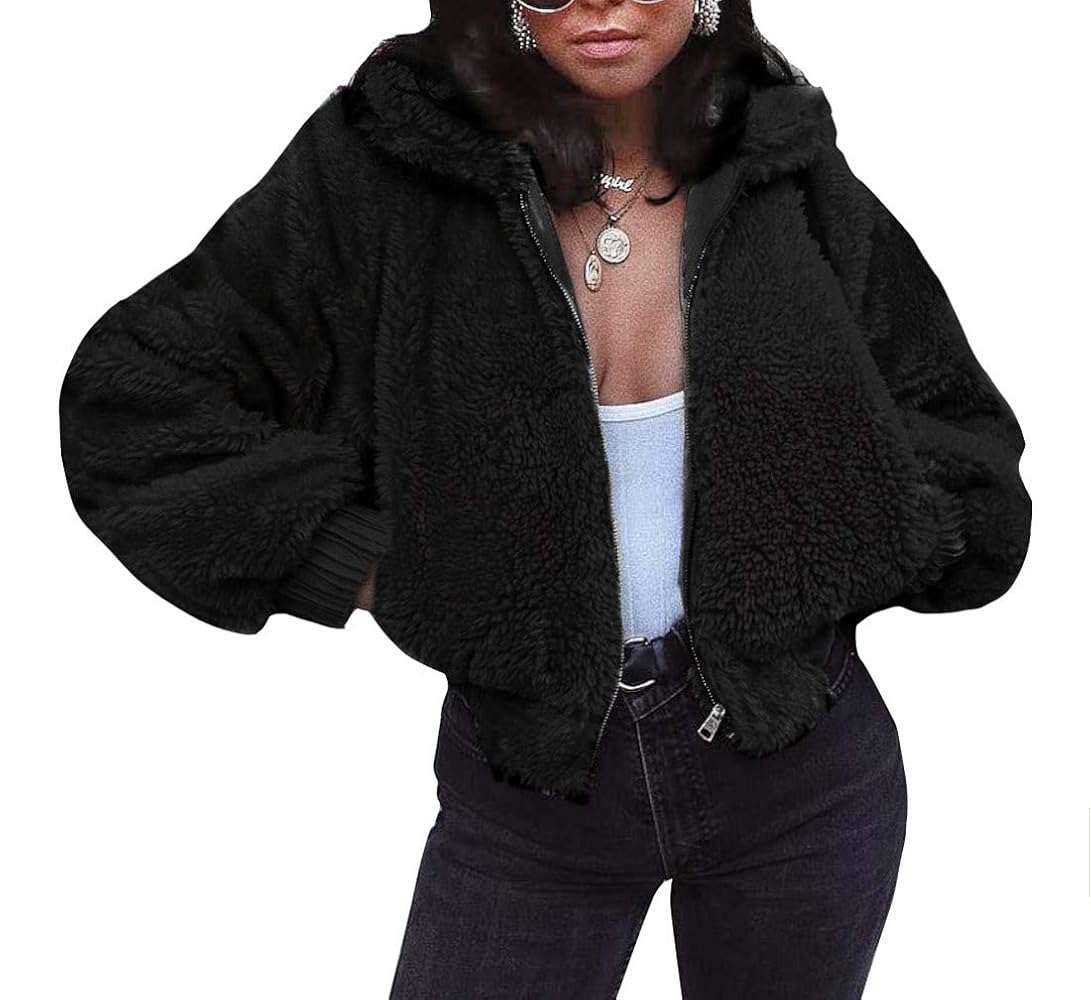 FANCYINN Womens Teddy Cropped Faux Fur Jacket Furry Lapel