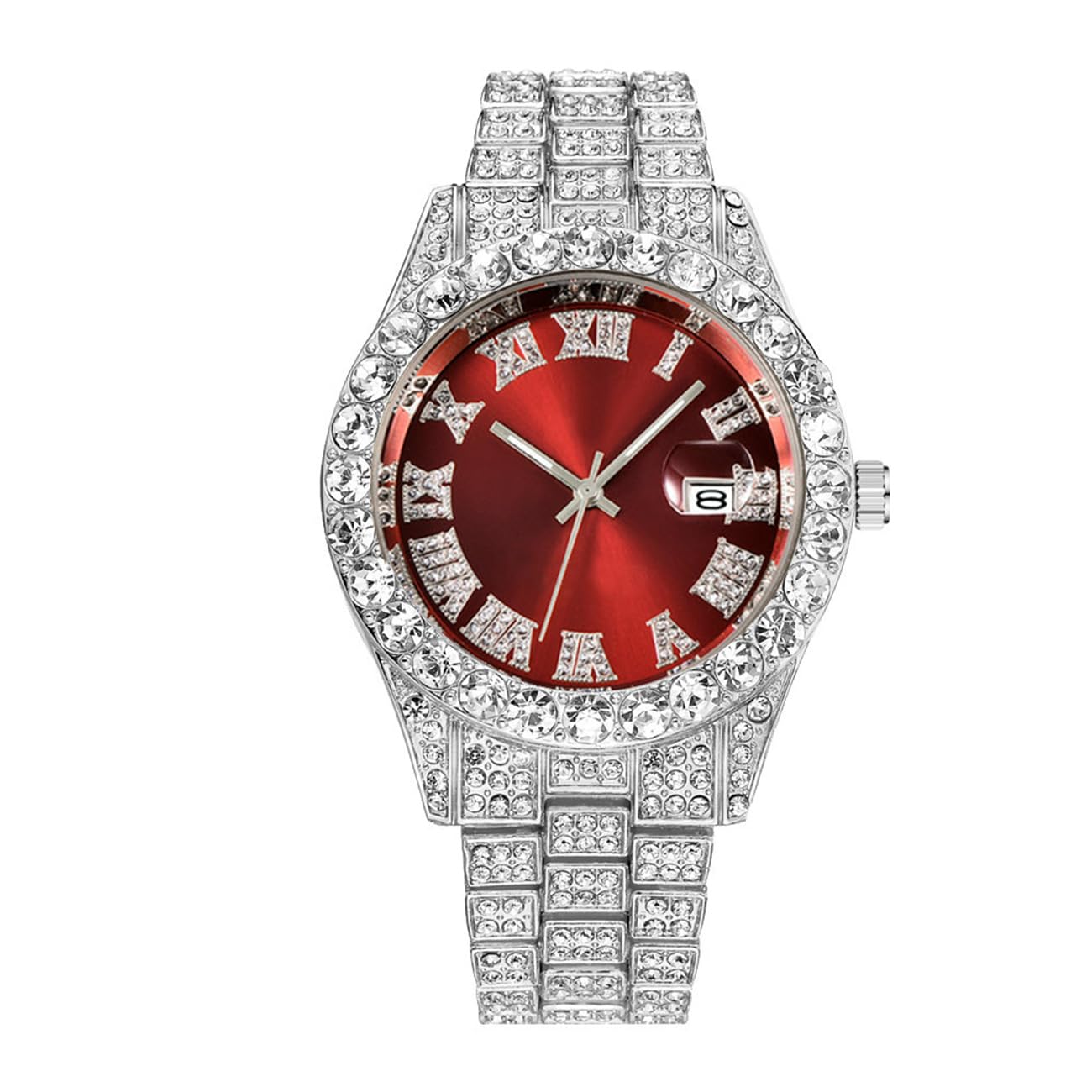 CdyBox Men Hip Hop Watch with Roman Scale Calendar Crystal Rhinestone Watches Stainless Steel Iced-Out Wrist Watch (Silver Red)