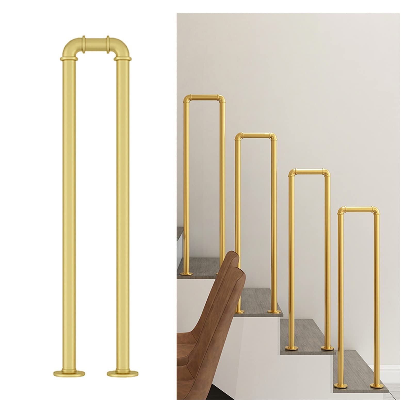 Meiiron Gold U Shaped Staircase Handrail Non-Slip Iron Handrails For Stairs Steps, Home Indoor Villa Loft Against Corridor Support Rod Safety Banister Railing (Color : Size : 65Cm(25.6"))