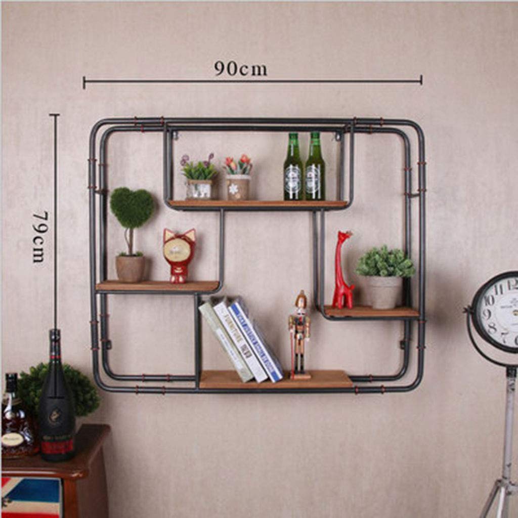 Industrielle Rectangulaire, Étagères Flottantes en Bois et Métal Noir, Présentoir de Conduite d'eau en Fer Rétro, Étagère à Épices de Cuisine, Style Rustique - 90x79CM