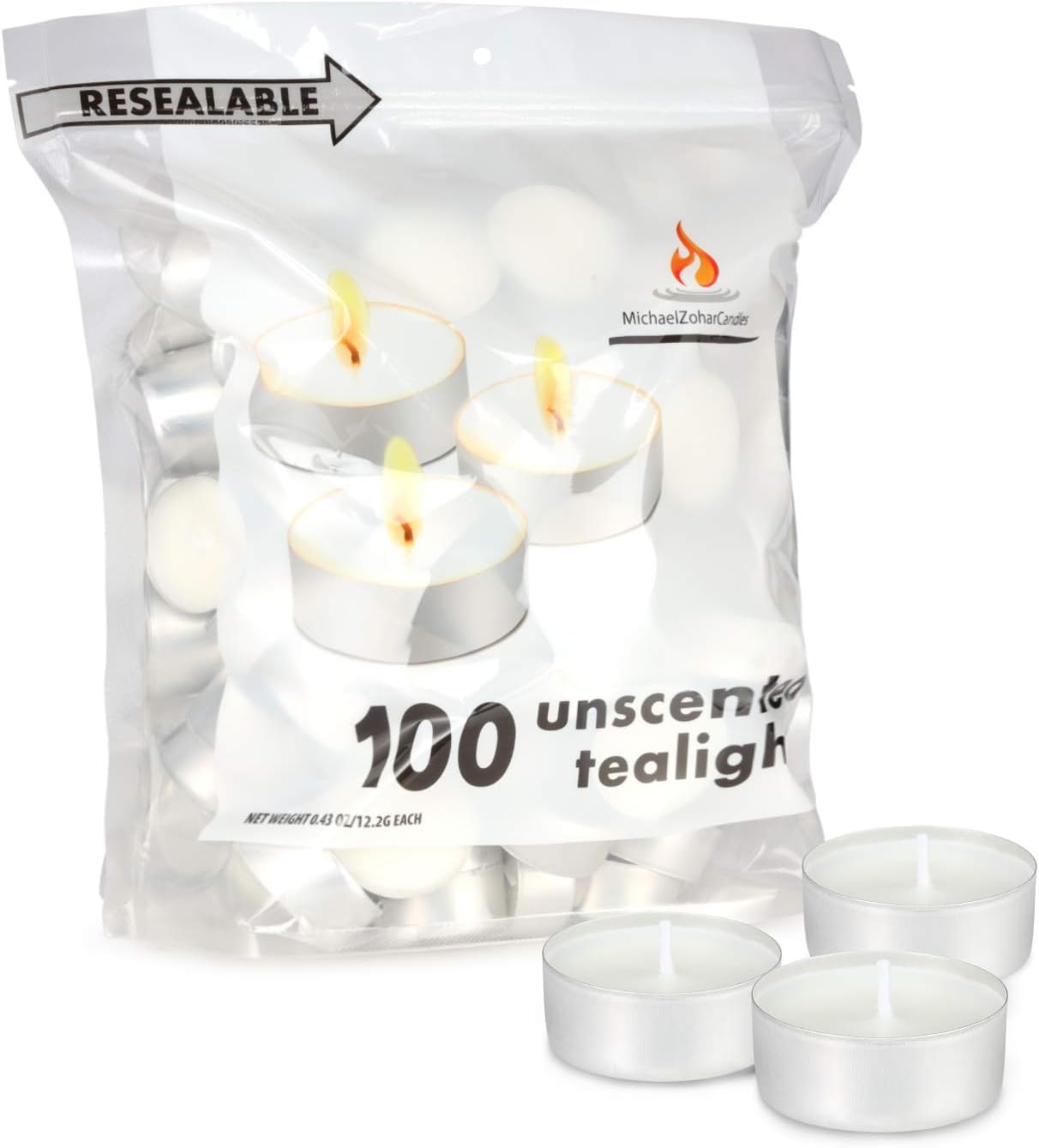 Michael Zohar Candles 100 Pack White Unscented Tea Lights Candles in Bulk, 4 Hour Long Burning, Smokeless Dinner Tealight Candles Made from Palm Wax