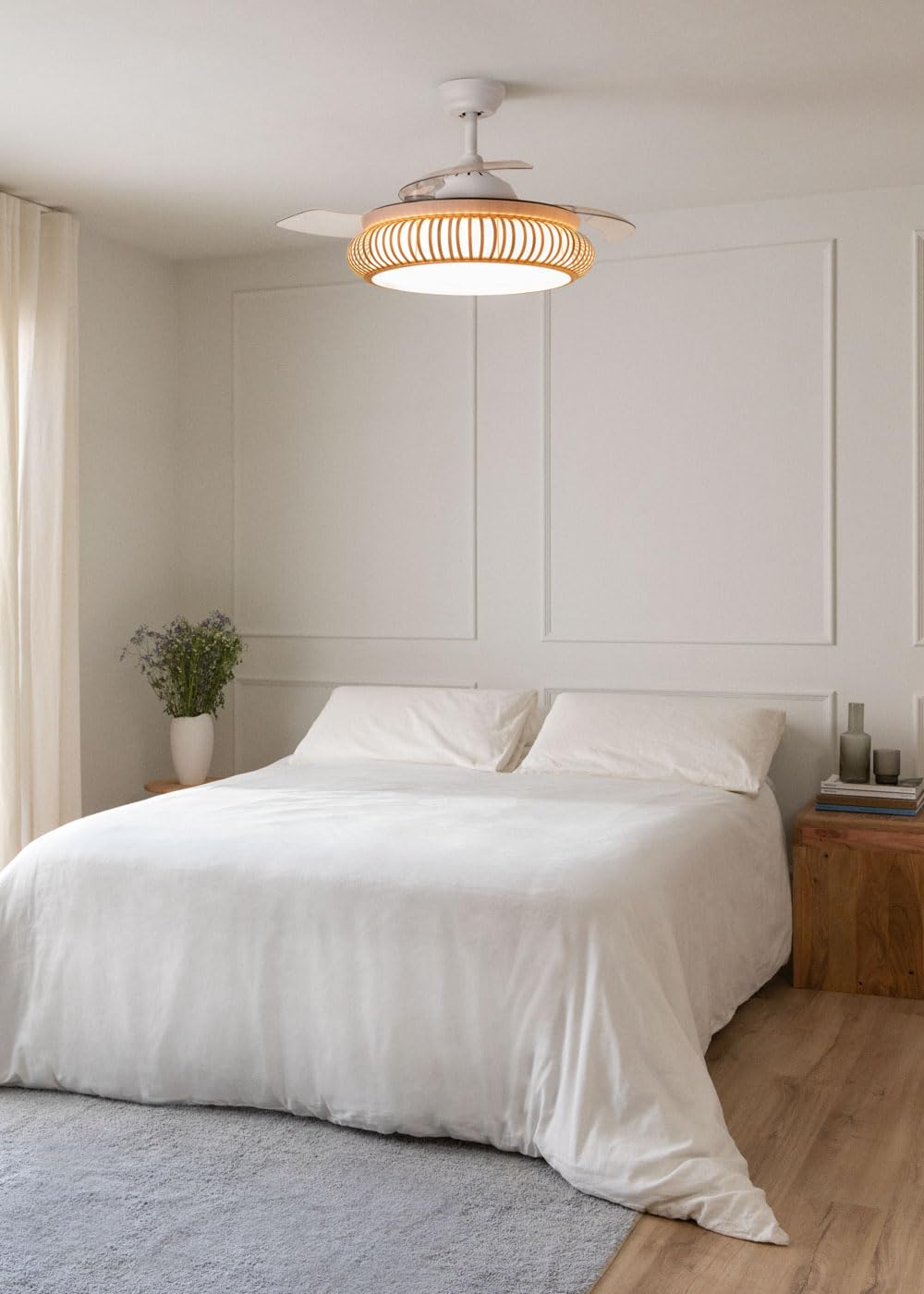 CREATE WINDCLEAR RATTAN/Ventilatore a soffitto con illuminazione bianca ovale con Wi-Fi e telecomando/6 velocità, funzionamento invernale estivo, ali retrattili, programmabili, 40 W, Ø 107 cm