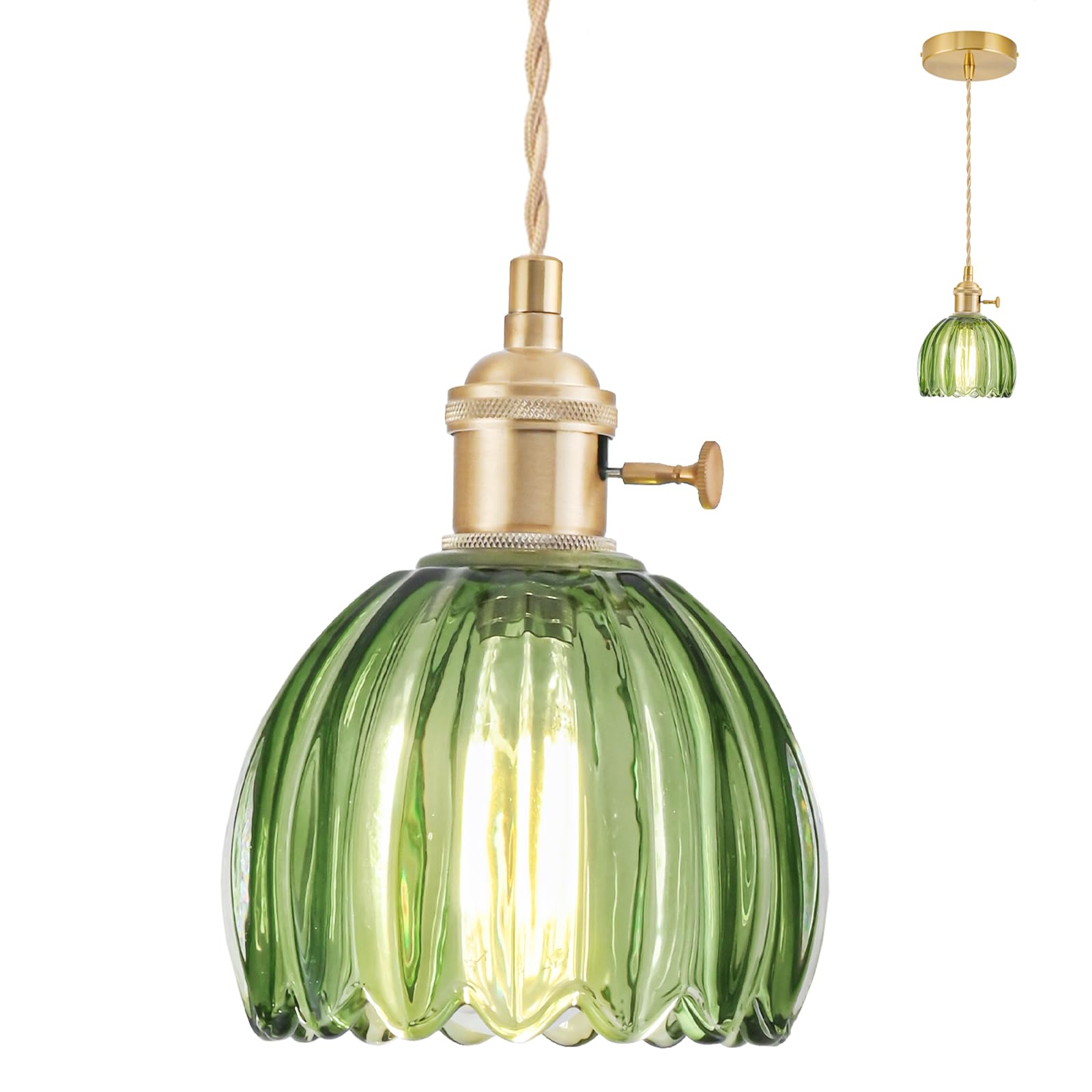 Mini Kitchen Island Lights, Small Adjustable Pendant Light Fixtures with Green Tulip Glass Lampshade, Vintage Gold Pendant Lights, Hanging Lights for Kitchen Dining Room, Light Bulb Not Included