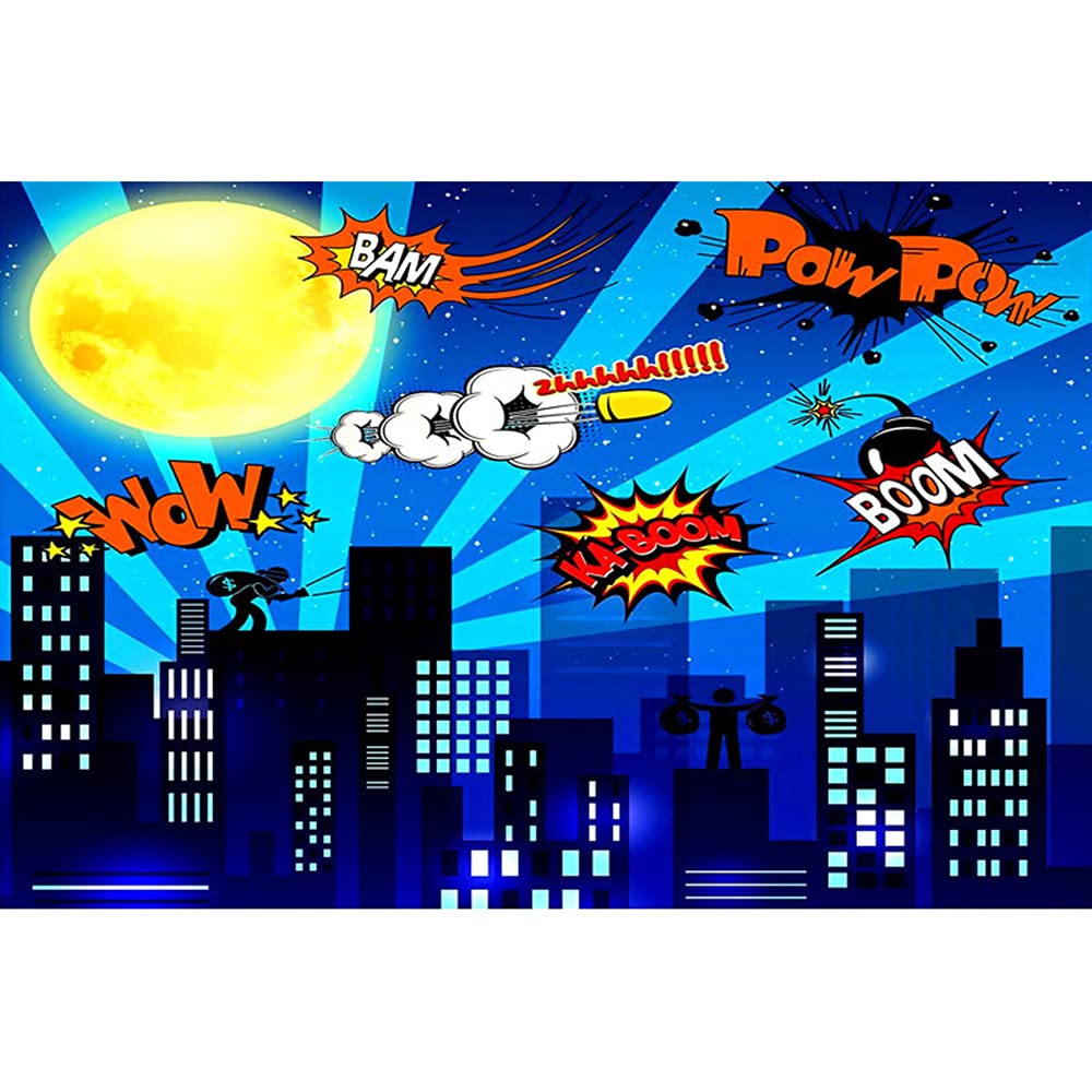 Sfondo di Supereroi,Supereroe Compleanno Foto Sfondo 2,1 x 1,5 m Cityscape Backdrop Per Bambini Festa Fotografia Sfondo