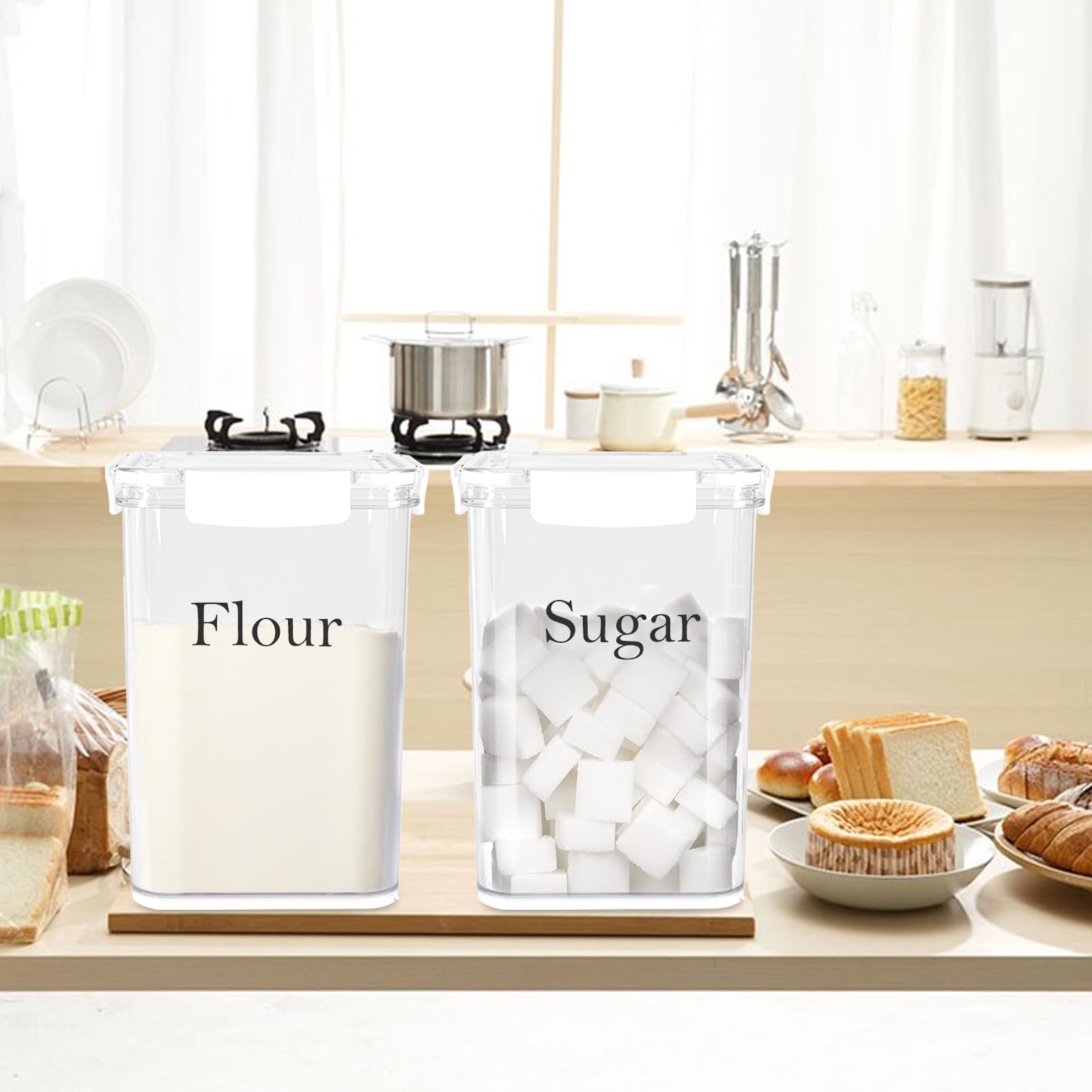Set di 2 grandi barattoli per alimenti da 4 l, contenitori ermetici con coperchio, bianchi con cucchiaio, contenitori da cucina per zucchero, farina, caffè, dispensa (2 confezioni da 5 l)