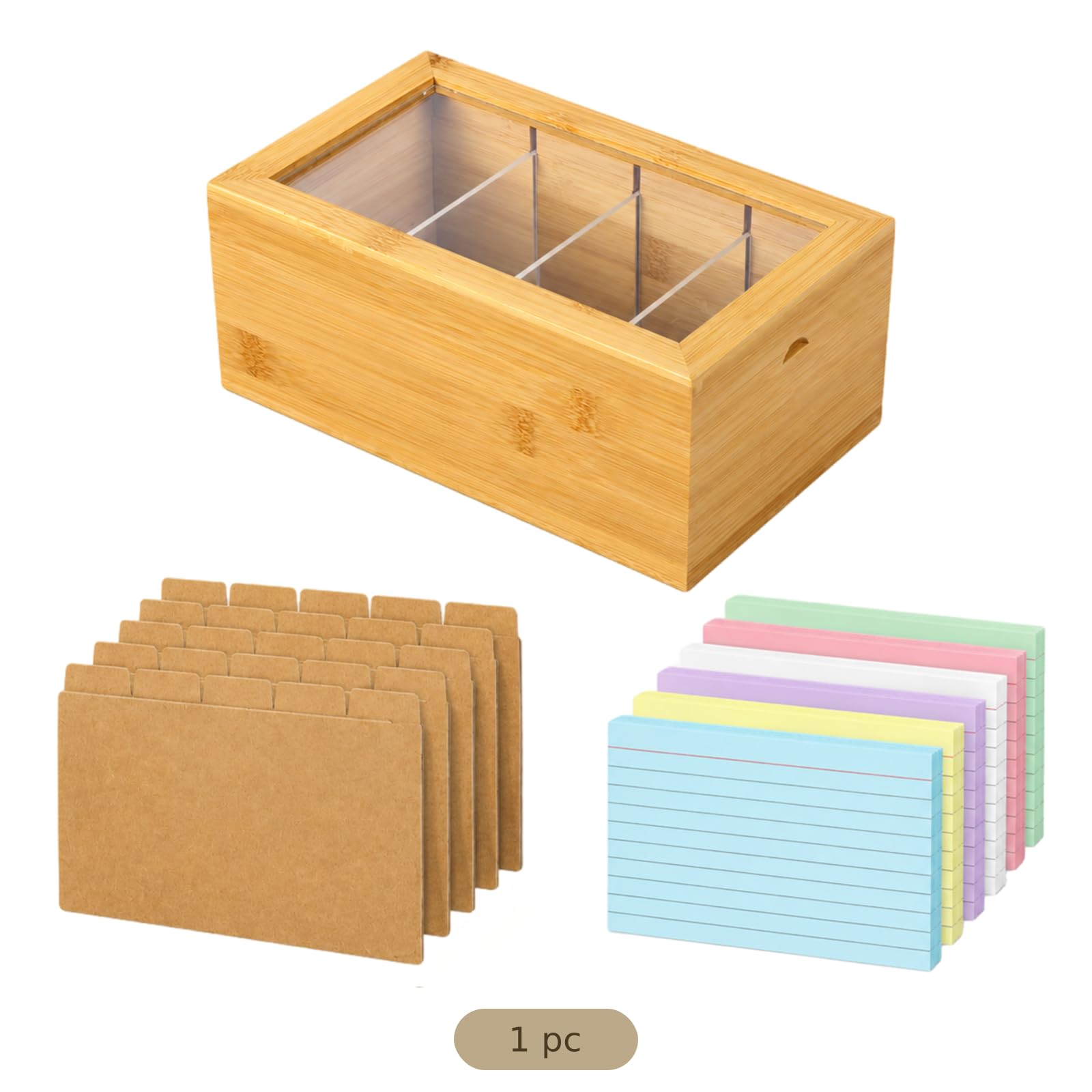 Boîte à fiches 3 x 5, boîte à recettes en pin 10 x 5,9 x 4 po avec séparateurs, organiseur de fiches avec couvercle basculant transparent, pour bureau, cartes nominatives, cartes mémo