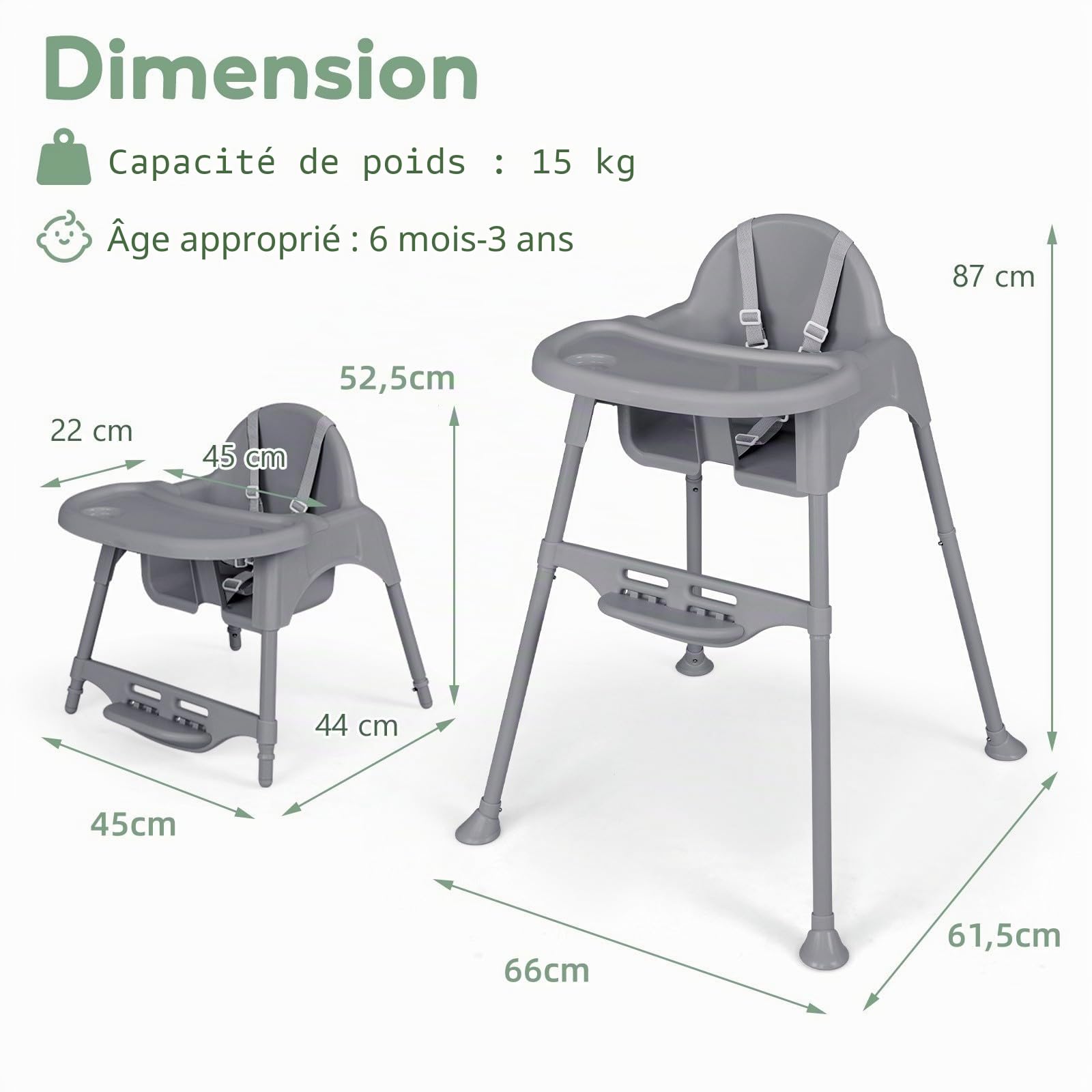 LIFEZEAL 4 en 1 Chaise Haute Bébé évolutive, Hauteur Réglable 4 Positions, Chaise Haute Bebe avec Repose-pieds, Plateau Réglable Amovible, Ceinture de Sécurité, 6-36 mois (Gris)