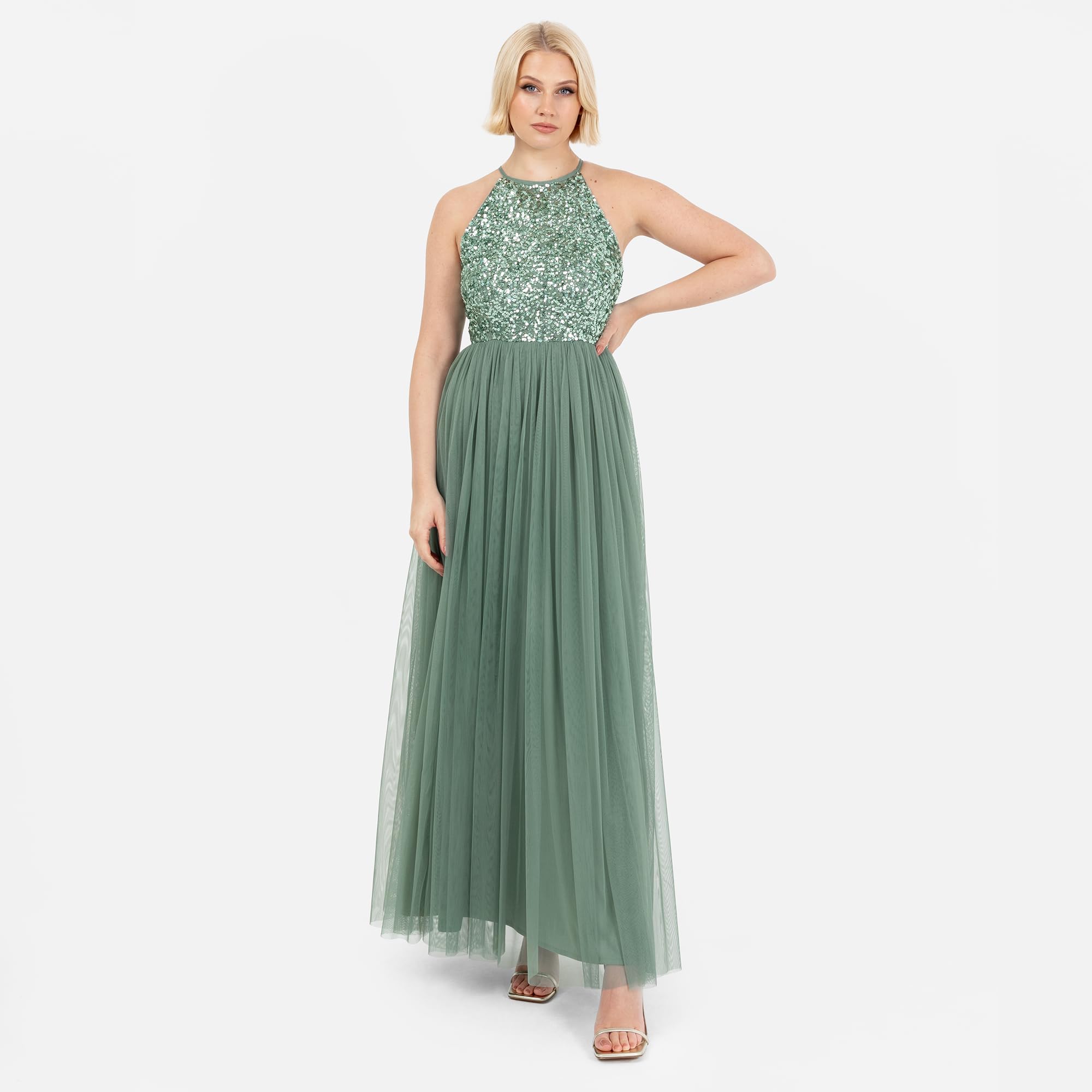 Abendkleid Pailletten Cocktailkleid Damen Tüllkleid Kleid Nackenband Abendkleid Elegant für Hochzeit Brautjungfernkleid