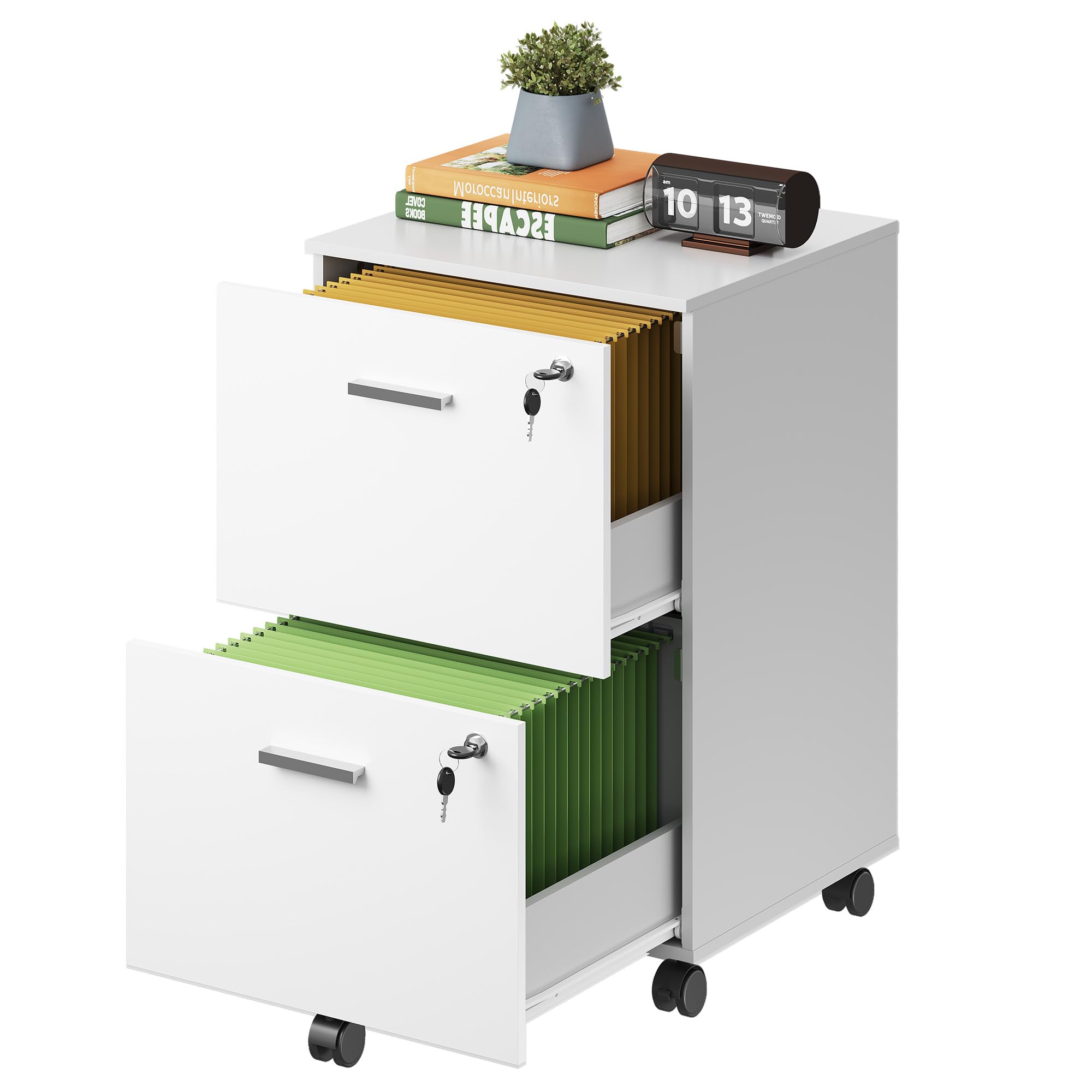 DEVAISE 2 Drawer Lockable Filing Cabinet for Home Office, Mobile File Cabinet with Individual Drawer Locks, Rolling Printer Stand with Hanging File Storage for A4 & Letter Files, White