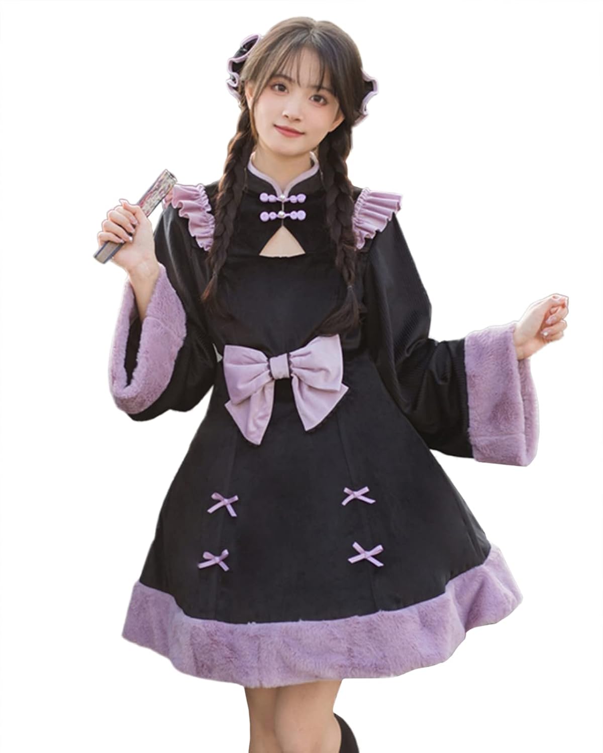 [milky time] 華ロリ ロリータ ワンピース チャイナドレス 黒 紫 ベロア 冬 長袖 コスプレ コスチ...