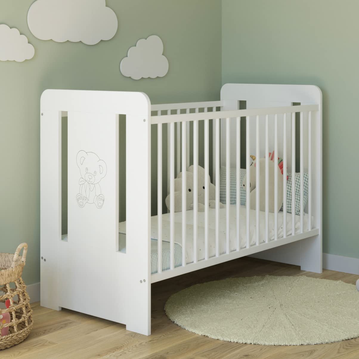 Kids Collective Lit bébé à barreaux avec Motif Ourson - Réglable en Hauteur - 60 x 120 cm - avec barreaux Amovibles - Blanc - Fabriqué en Europe