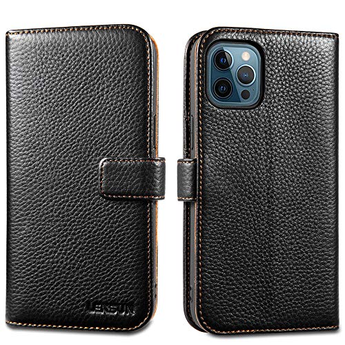 LENSUN Coque iPhone 12 Pro Max, Housse étui Cuir Véritable Portefeuille avec Rangements de Cartes et Fermeture Aimanté, pour Apple iPhone 12 Pro Max - Noir(12PM-LG-BK) Cover
