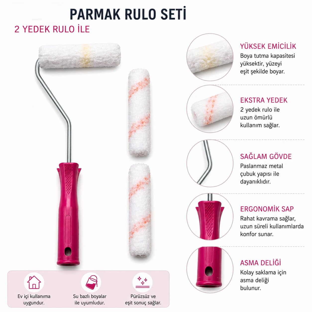 Orret Home Parmak Rulo Seti 2 Yedek Rulo Boya Rulosu Mini Boya Rulosu Badana Rulosu Duvar Boyama Seti Dar Alan Boya Aparatı (Asorti Renk)
