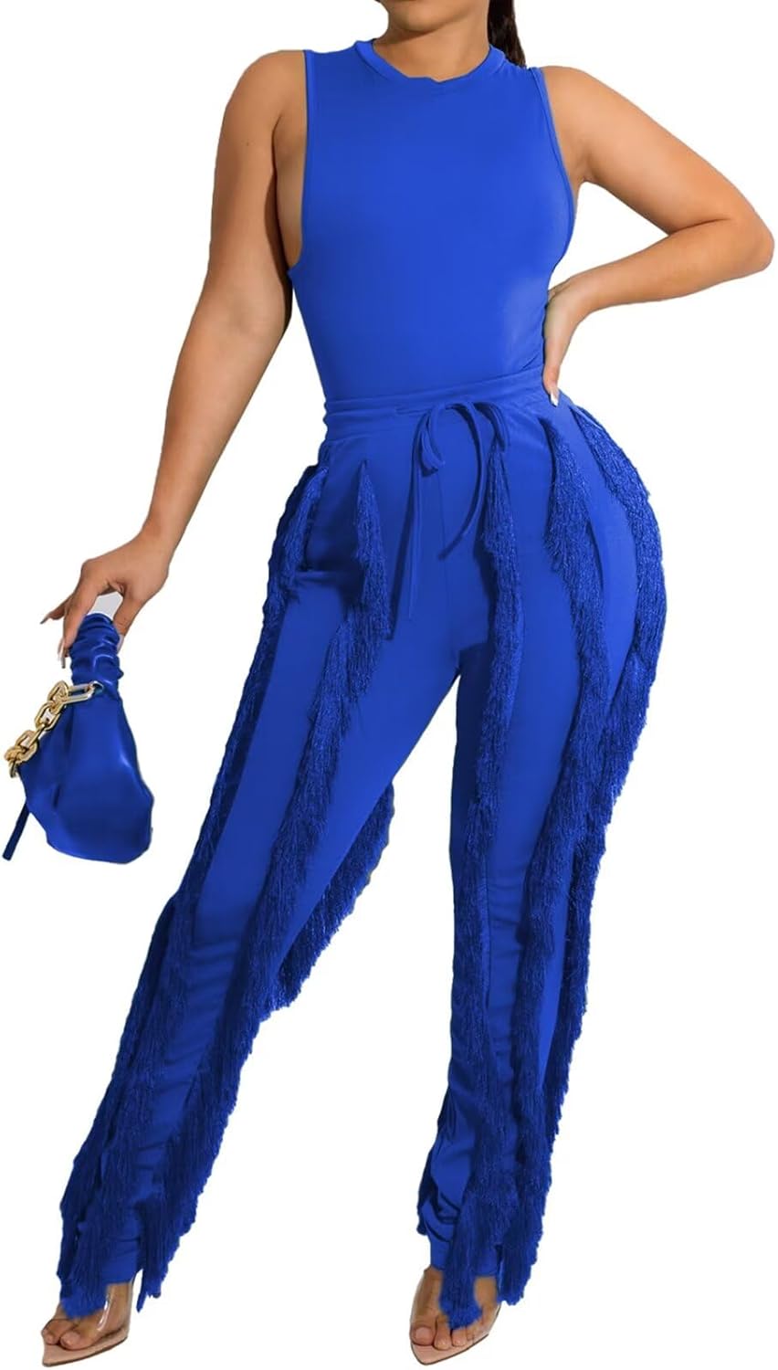 EDITCOZY Women Sexy Two Piece Outfits Fringe Pants Set Tassel Club 2 Piece Sets Going Out Birthday Party Night