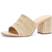 Raffia Sandals Women Espadrilles Heeled Sandals Summer Beach Mules Slip On Square Open Toe Chunky Heel Dress Shoes