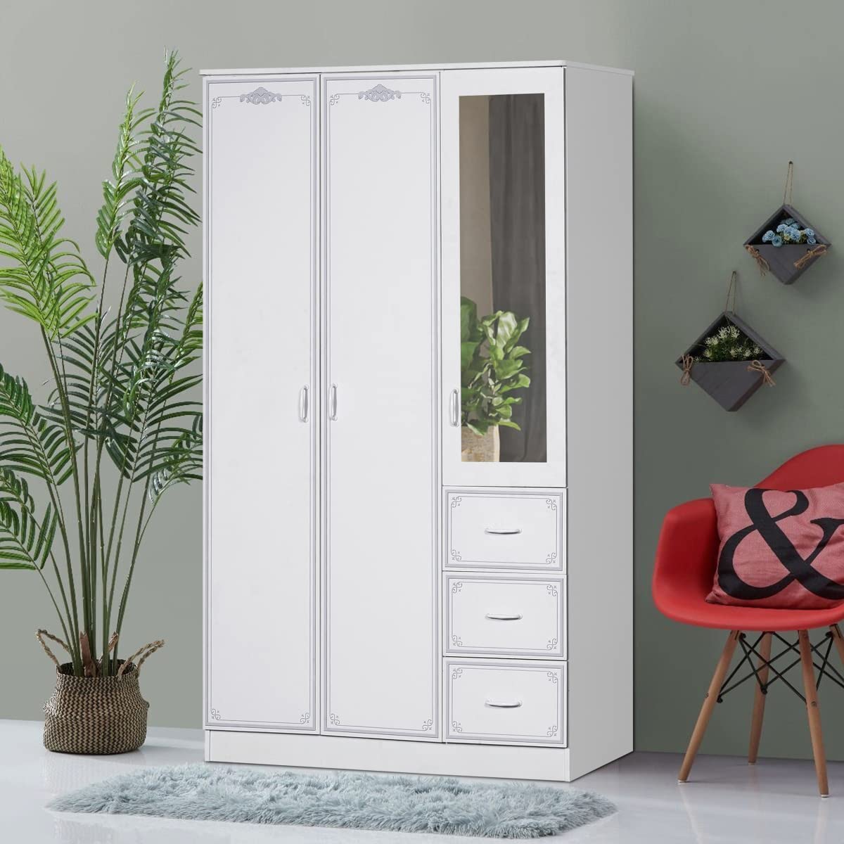 Home BoxSpring 3-Door Wardrobe With Mirror And 3 Drawers 55 X 206.5 X 120 Cm White