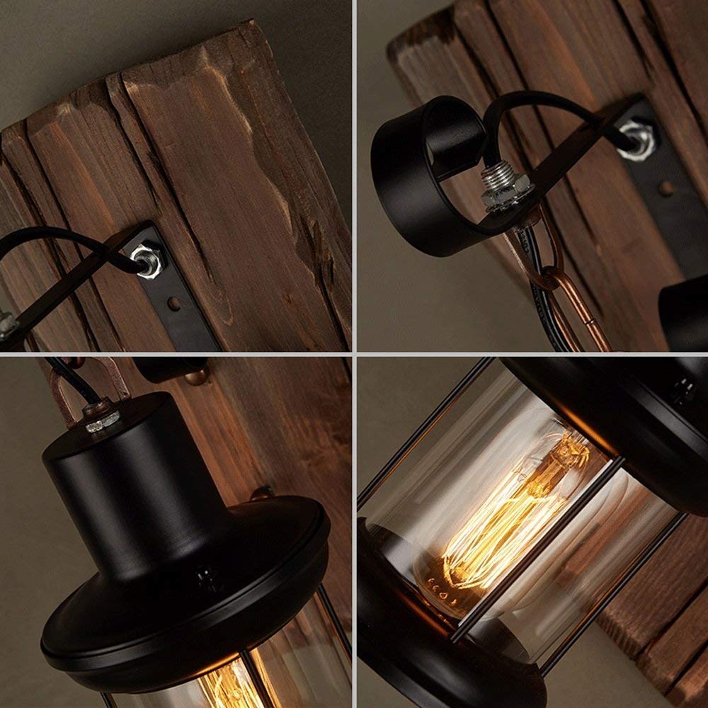 Antik Vintage Industrielle Style Holz Wandleuchte Rustikal Holz Wohnzimmer Wandlampe Metall Glas E27-Fassung Wandbeleuchtung Nachttisch Wandlampe Für Restaurant, Gang,Korridor,Bar,Cafe,1*E27