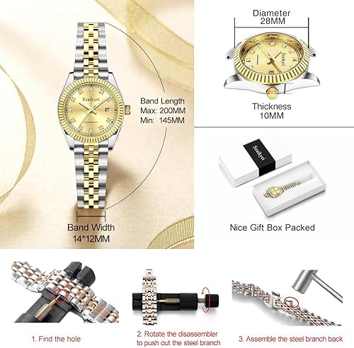Miniatura 6 de Reloj clásico para mujer con banda de acero inoxidable sólido, reloj de vestir para mujer, reloj con calendario