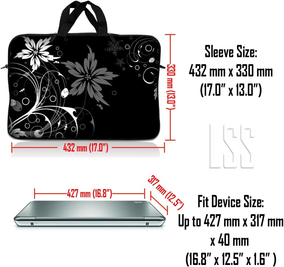 LSS 17-17.3" Laptop Sleeve Bag Compatible with Acer, Asus, Dell, HP, Sony, MacBook and more | Carrying Case Pouch w/ Handle & Adjustable Shoulder Strap,Black and White Floral