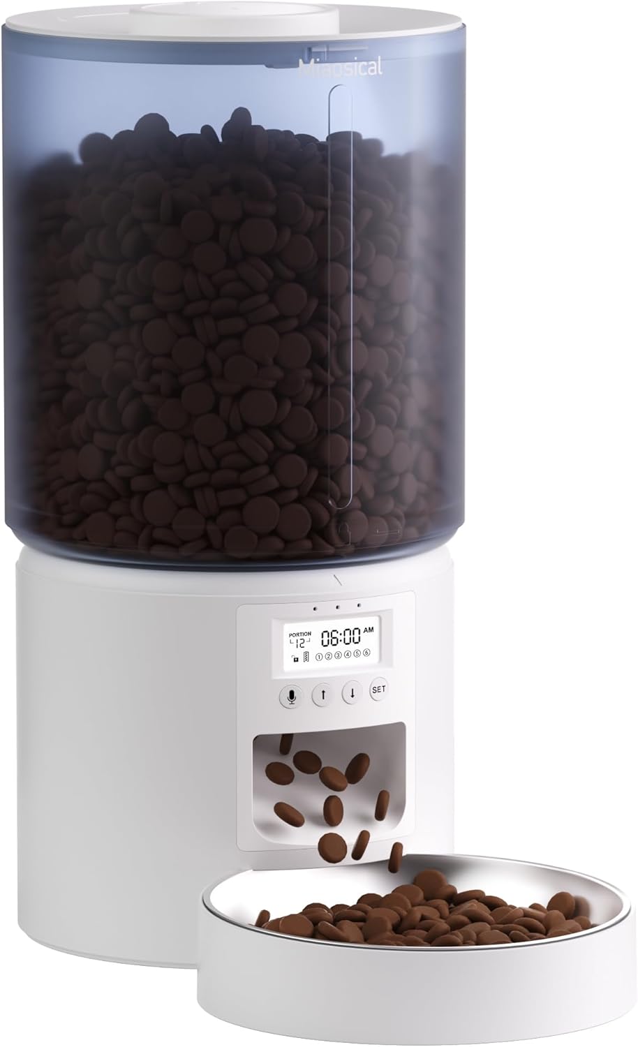 Automatic Cat Feeder Flexible Schedule Timer,6 Meals/Day,1-12 Portions/Meal,Dual Power Auto Feeder Dry Food Dispenser,10S Voice Record,for Cats & Small Dogs (White,5.2L Stainless Steel Bowl)