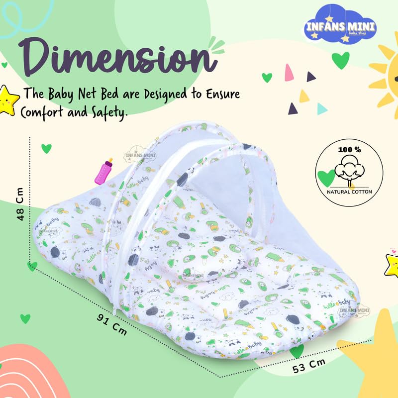 Image of Baby Bed with Mosquito and Insect Protection Net, Portable Mattress with Zip Closure & Pillow Ideal for Babies from 0-6 Months-Unisex (Panda Green)