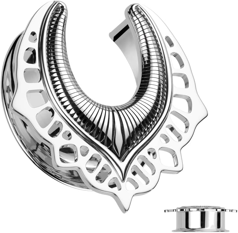 Pierced Owl 316L Stainless Steel Shield Filigree Saddle Tunnels, Sold as a Pair