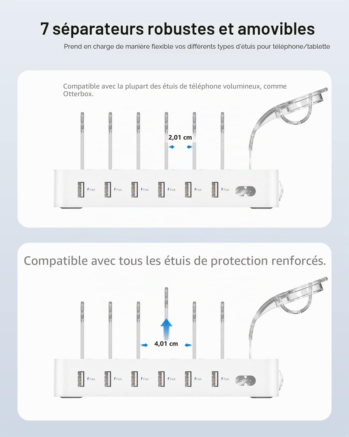 SooPii 50W 6 Ports Station de Charge USB pour Plusieurs appareils, Blanc | Station de Charge avec 6 câbles et Support de Chargeur i-Watch amélioré Inclus,pour téléphones,tablettes et Plus Encore