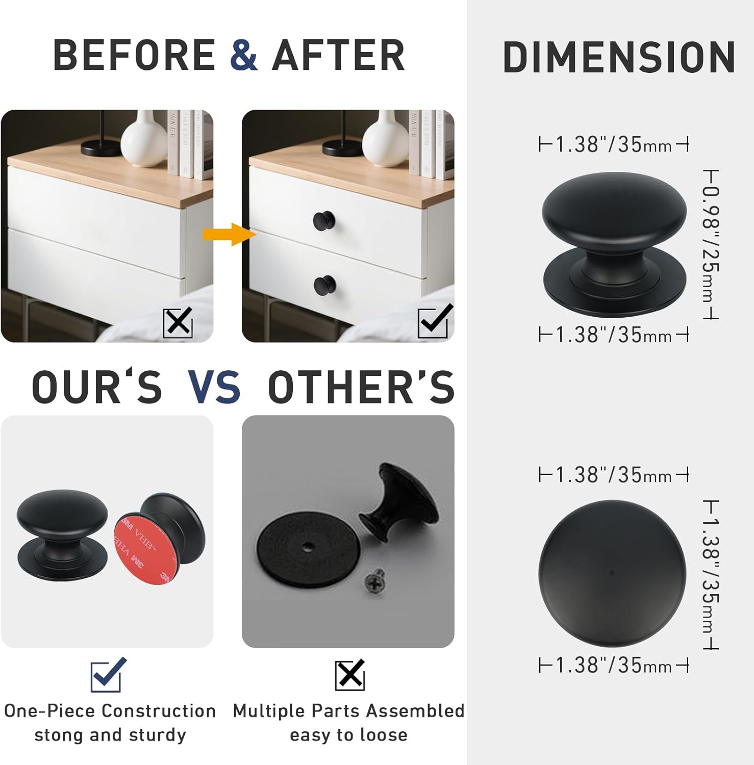 4 Pack Adhesive Knobs Stick On Handle Cabinet Knobs Aluminum Peel and Stick Hardware Black Adhesive Cabinet Knobs No Drill Cabinet Handles Adhesive Drawer Pulls for Mirror Cabinet Fridge Oven