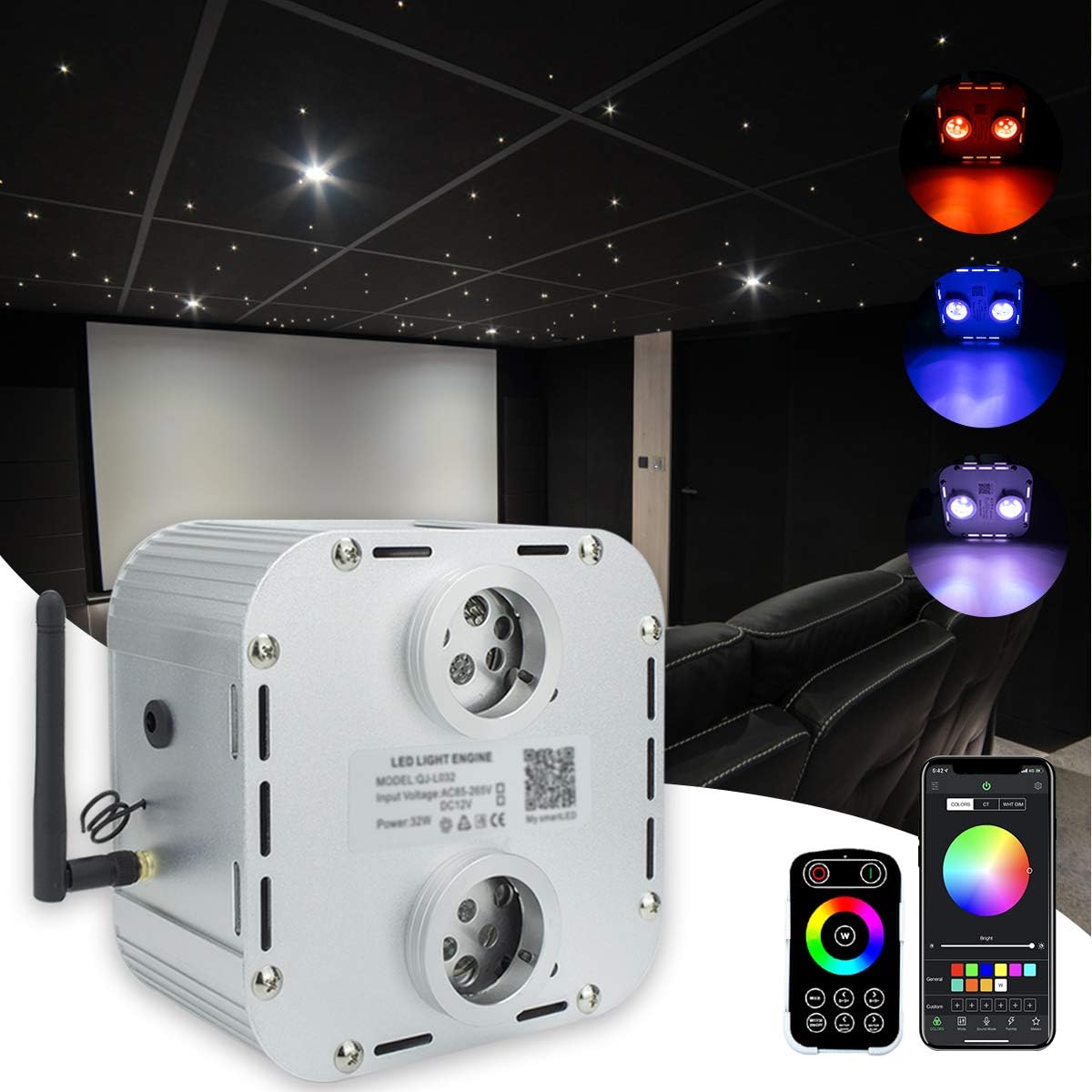 32W Fiber Optic Star Ceiling Kit Light, LED RGB Double Heads Engine Driver with RF Remote Control and APP Control (Without Fiber)