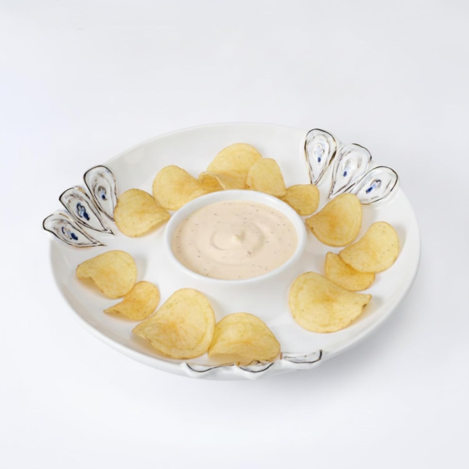 Oyster Chip and Dip Bowl Set, 2" x 10 1/2" Ceramic Chips and Dip Serving Dish Coastal Decorative Divided Party Bowl Set for Chips Salsa, Guac, Snacks, Entertaining, Gold Trim Oyster Shell