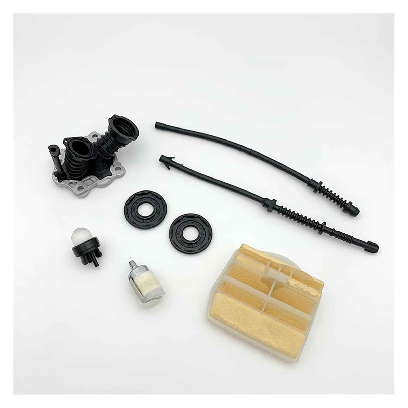 Compatible con motosierra de gasolina HUSQVARNA 450, 445 E, 450E y 445E. Piezas 544082301: filtro de aire, colector de admisión, línea de retorno de combustible y gas, manguera y filtro.