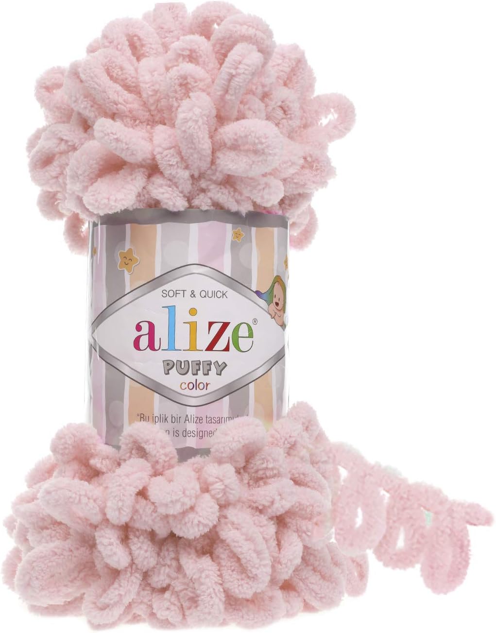 Alize Puffy Knitting Yarn 100 g, Patented Innovation, Loop Knitting without Needles, Colour: 161 Powder Pink