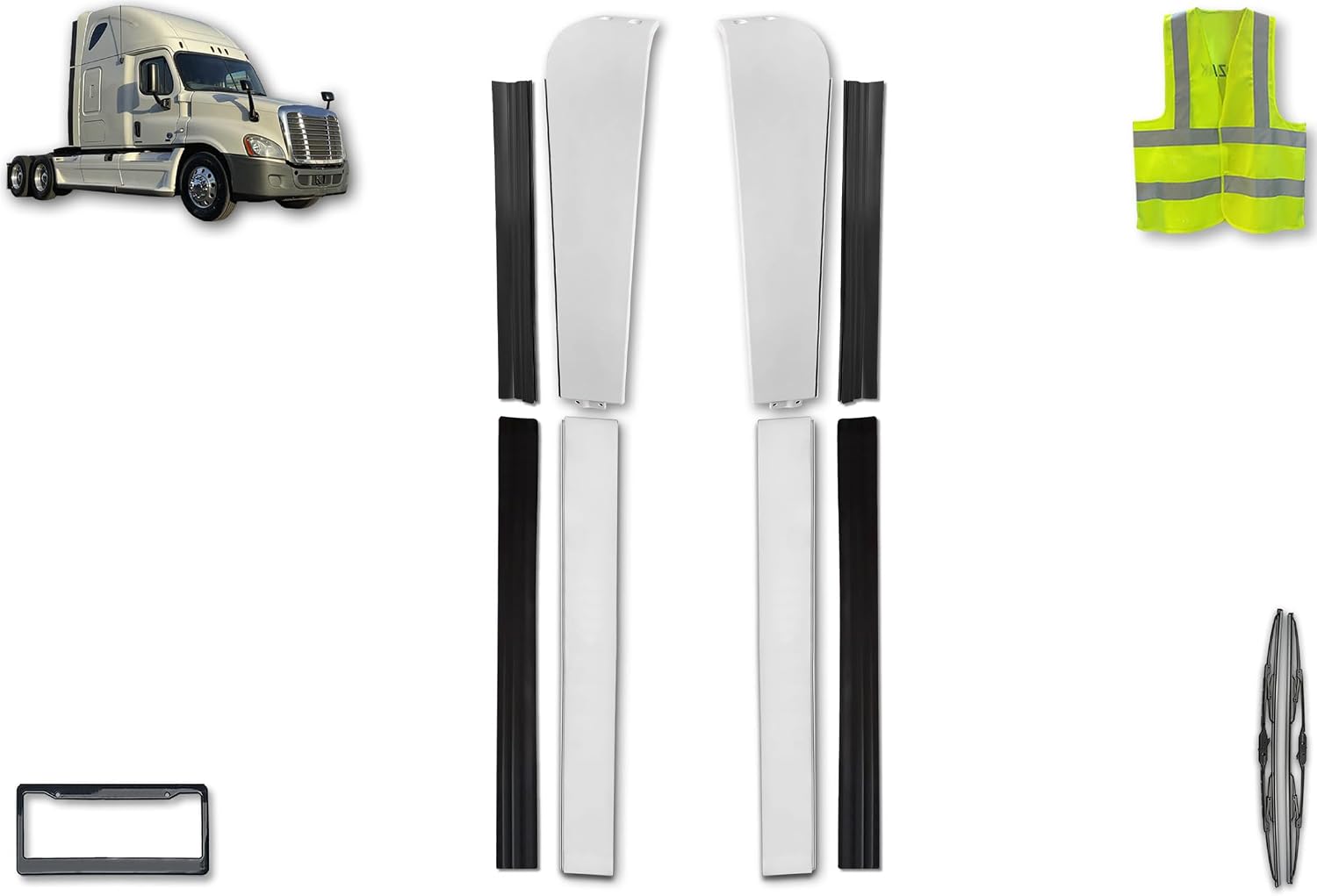 Top and Bottom Cab Cabin Wing Fairings w/Stripe Narrow Version Set (Right & Left Side) Compatible with Cascadia 2008-2017, Plus Logo, 2X 22 Wipers, License Plate Frame, Vest