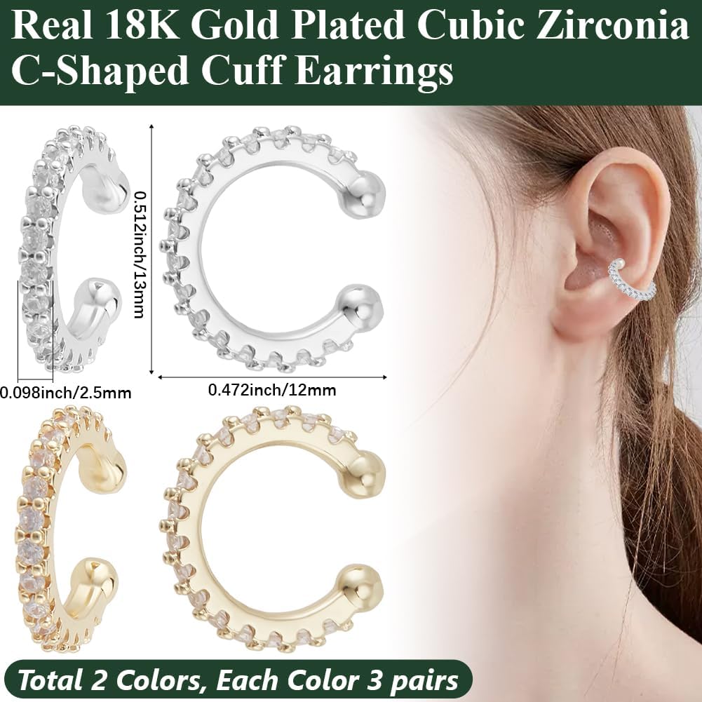 Beebeecraft 6 Pairs 2 Colors Cubic Zirconia Ear Cuffs 18K Gold&Platinum Plated Brass Micro Pave CZ Stones for Women Cartilage Warp Clip On Non Piercing