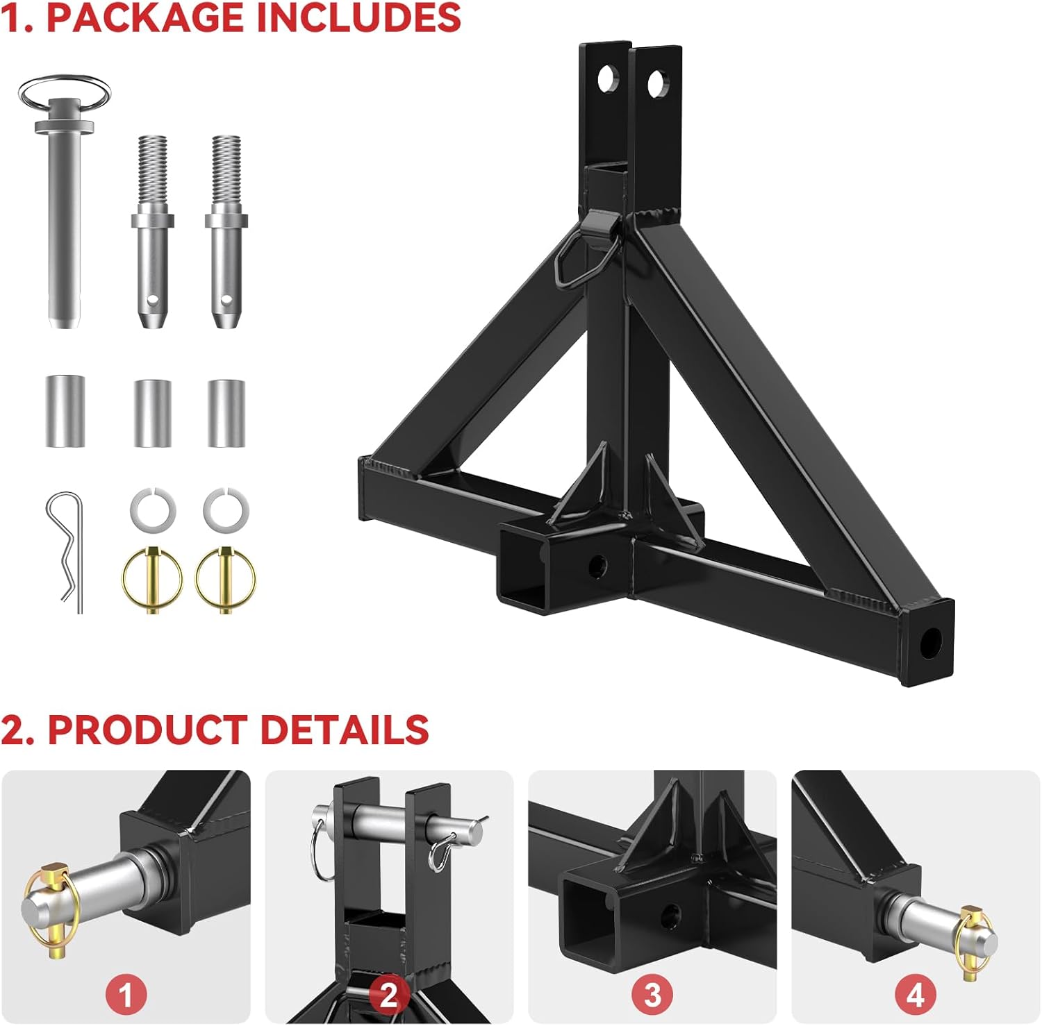 3 Point 2 Trailer Hitch Receiver Compatible with Quick Hitch for Category 1 Tractors, Heavy Duty Tractor Mover Drawbar, Farm Equipment and Subcompact Trailer Hitch for Tractor Standard Cat 1(Black)